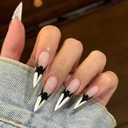 Handmade Press on Nails Bat Halloween Long Almond Fake Nails White French Tip Acrylic Glue on Nails Reusable Glossy Stick on Nails for Women (MT-156-M)