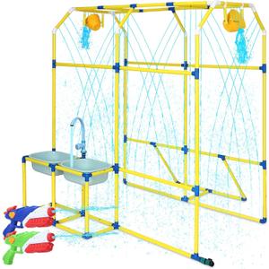Water Park Sprinkler Toy, Backyard Splash Waterpark Game with Shooting Toys, Dump Bucket, Water Table & Faucets, Sprinkler for Kids Outdoor Summer Water Activities Fun Play (Yellow)