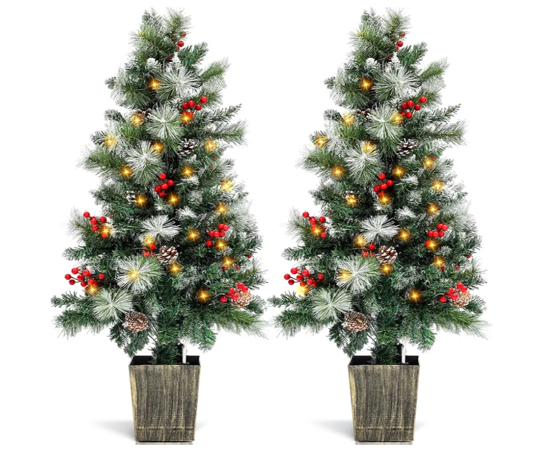 2 Pack 4FT Entrances Christmas Trees for Porch Pre Lit Artificial Pathway Potted Xmas Tree with 100 LED Lights 8 Mode Remote Control Berries Pine Cones for Front Door Driveway Yard Outdoor