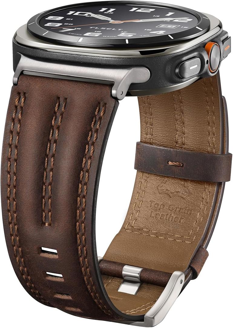 Leather Band Compatible with Samsung Galaxy Watch Ultra 47mm(2025/2024), Genuine Leather Rugged Durable Classic Vintage Handcrafted Outdoor Business Travel Gift Samsung Watch Strap for Men,Sliver - Retro Walnut