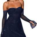 Parthea Womens Sexy Dress Sequin Sparkly Glitter Dress Off Shoulder Long Sleeve Party Club Going Out Mini Dresses (0-2, Navy)