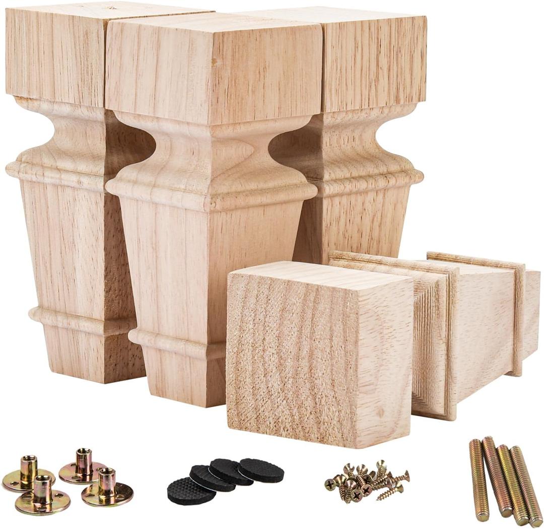 La Vane 7 inch / 18cm Wooden Furniture Legs, Set of 4 Carved Geometry Solid Wood Unfinished Replacement Bun Feet with Mounting Plate & Screws for Sofa Cabinet Couch Table TV Stand