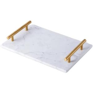 Olbia White Marble Tray with Gold Handle, Breakfast Serving Tray, Rectangle Decorative Perfume Tray, (White Marble)