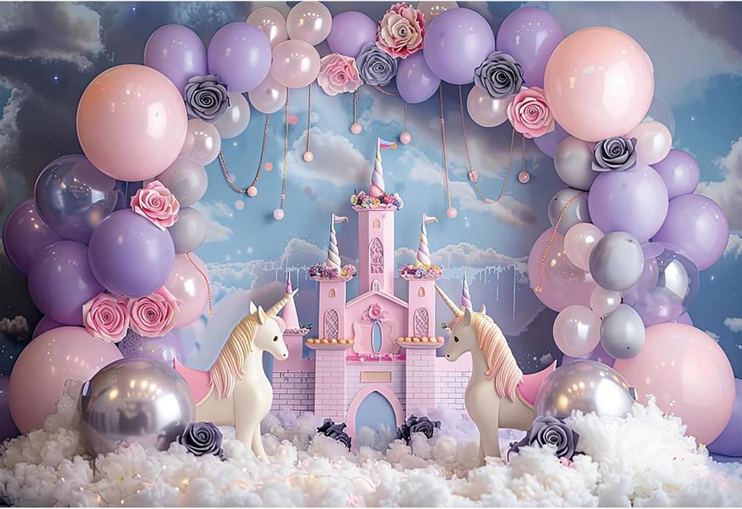 Baocicco 9x6ft Purple Castle Backdrop for Photography Pink Arch Balloon Flower Royal Place Lovely Unicorn Photography Background Baby Shower Birthday Party Wedding for Princess Girl Props Video