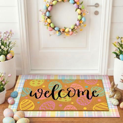 Drydiet 2 Pcs Easter Coir Doormats Welcome Outdoor Easter Egg Door Mats Layered Front Door Rugs Non Slip Floor Mats for Porch Entryway Indoor Outdoor Decor