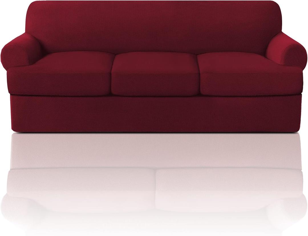 PrinceDeco T Cushion Sofa Slipcover 4 Pieces Sofa Covers for T Cushion Couch Soft Sofa Slip Covers Furniture Protector with 3 Individual T Shape Seat Covers Width Up to 88" Burgundy