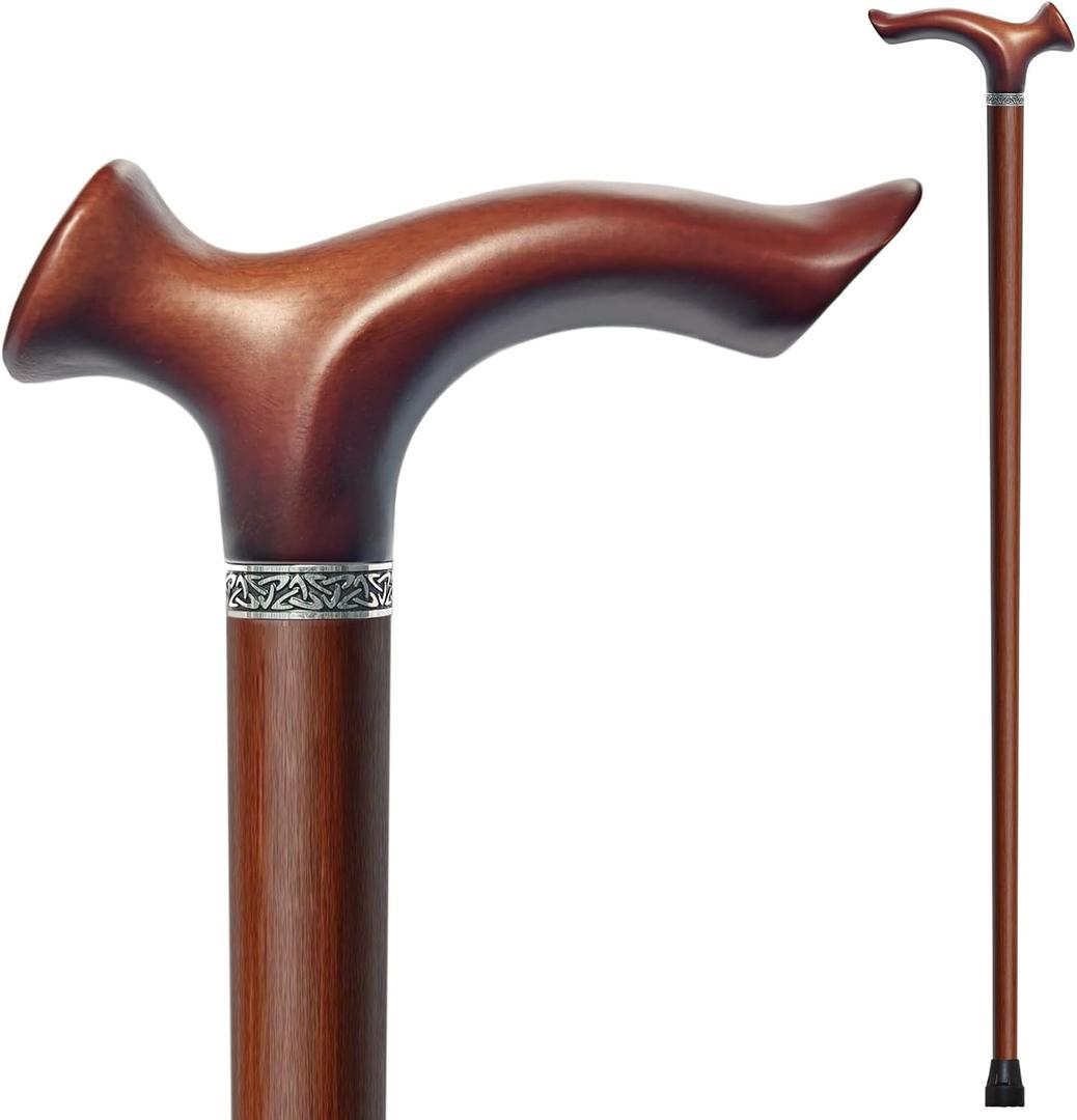 Wooden Walking Cane, Beech Wood Handmade Ergonomic Cane with Non-Slip Rubber Tip for Men & Women, Supports up to 350 lbs, 36"