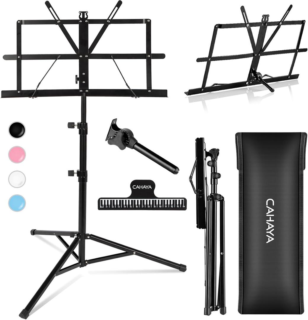 CAHAYA Portable Sheet Music Stand: Dual Use Desktop Book Holder Folding Lightweight Extra Stable Reinforced with Carrying Bag and Clip for Students Musicians Height Adjustable up to 54.3" CMS0204 (Black)