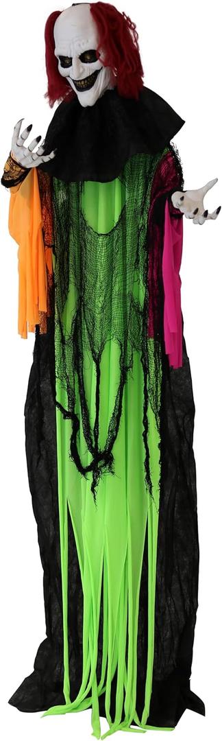 Haunted Hill Farm Life-Size 6-Ft Scary Talking Clown Halloween Animatronic with Motion and Touch Activated Lights and Sounds, Battery Operated Indoor or Covered Outdoor Creepy Halloween Decorations