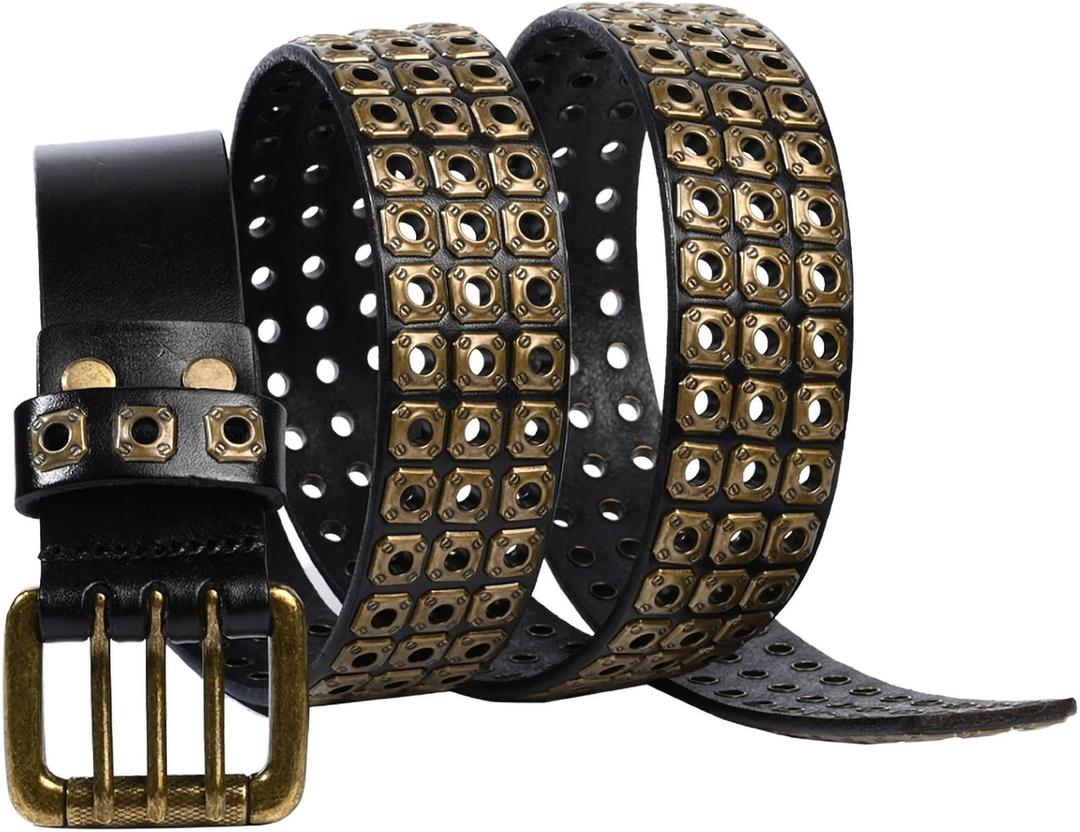 Punk Belt for Men Women Cowhide Leather Belts with 3 Grommet Retro Studded Metal Rivet Casual Belt for Rock Rap Jeans Dresses (30" to 36"Waist Adjustable, Black+bronze)