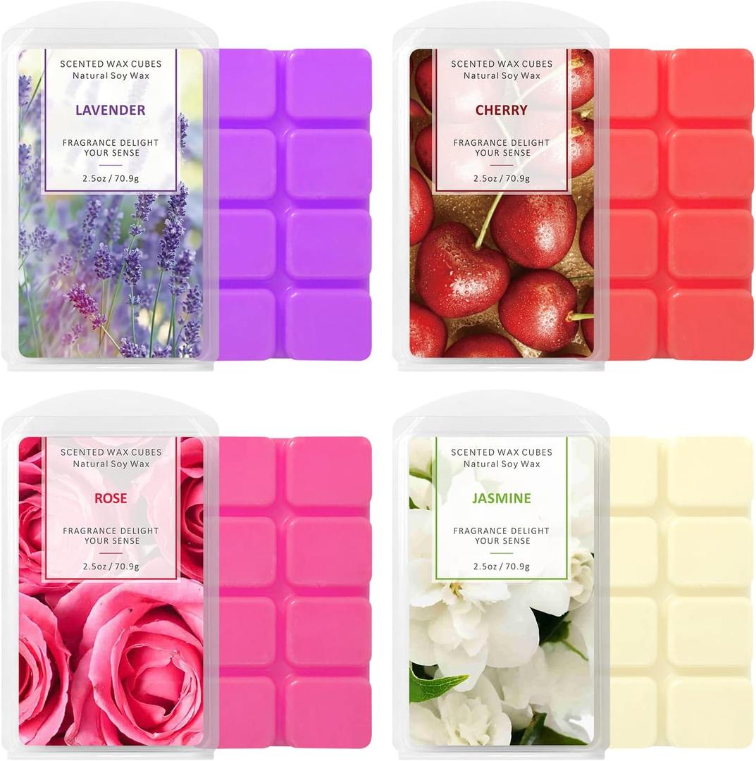 STRN Wax Melts Soy Wax Cubes 4 Pack Scented Wax Melts Warmer, Scented Wax Cubes for Warmers Soy Wax Cubes Candle Wax Melts, Rose, Lavender, Jasmine, Cherry (4 x 2.5oz) (Flowers&fruit)