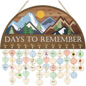 3D Days to Remember Birthday Calendar(16"x8"), Rustic Mountain Landscape Themed Birthday Reminder Tracker Wall Hanging, Farmhouse Family Birthday Chart Broad with 100 Tags for Grandma Mom Gift