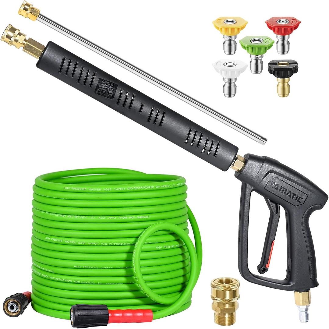 YAMATIC Pressure Washer Gun and Hose, 50 FT Flexible Hose with Stainless Steel Extension Power Washer Wand, 3/8" Swivel Quick Connect & M22-14mm Adapter Replacement for Ryobi Simpson Honda (Green)