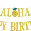4 x Glittery Aloha Happy Birthday Banner, Aloha Birthday Sign, Tropical Luau Party Decorations, Hawaiian Pineapple Party Decorations Supplies