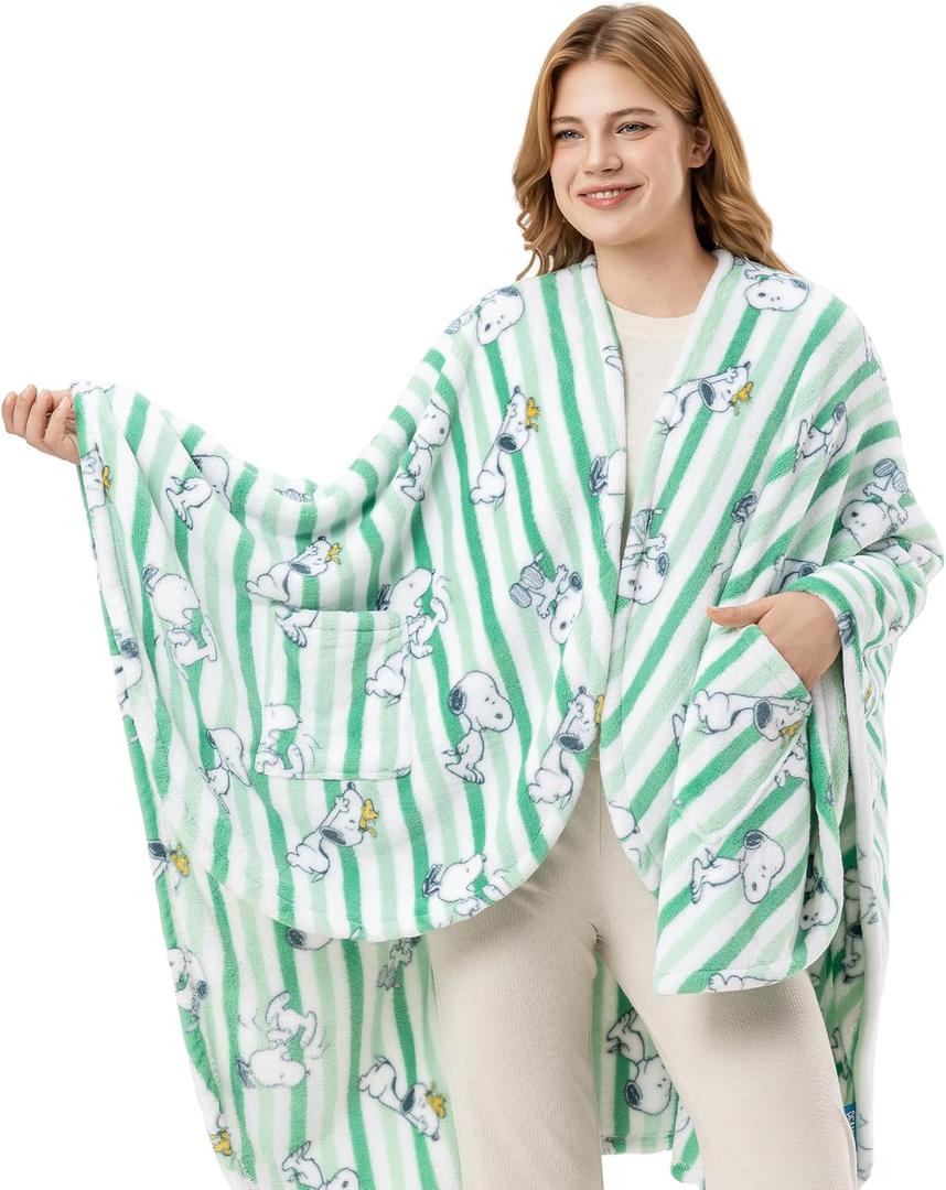 Berkshire Peanuts Wearable Throw Snoopy Print PrimaLush Plush Shawl Blanket, 58" x 64"