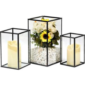 PHOSPHOR Hurricane Glass Candle Holder Set of 3 Pieces Black Hurricane Candleholders for Wedding Party Holiday Birthday Home Decor Lanter