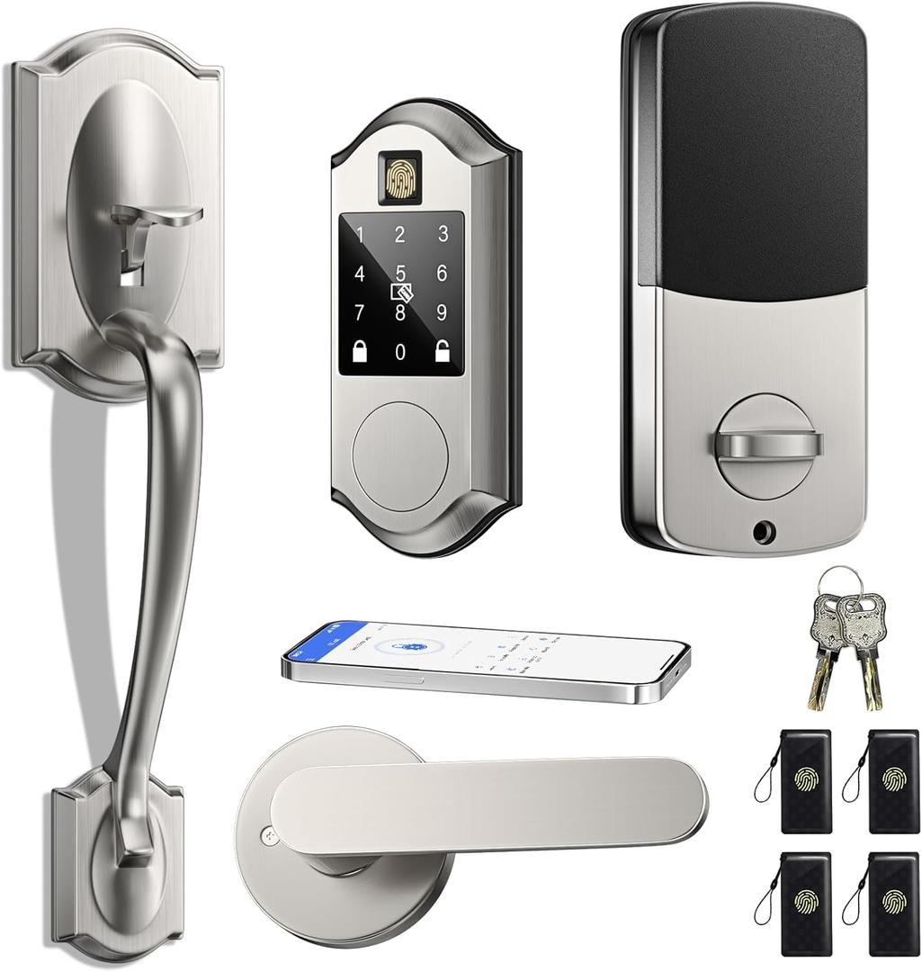 Fingerprint Smart Locks for Front Door with Handle Set, Keyless Entry Door Lock, Front Door Lock Set, App Control, Touchscreen Keypad Deadbolt, Auto Lock, Satin Nickel