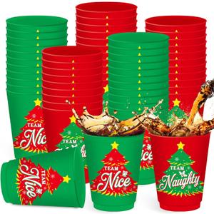 Nuenen 24 Pcs Christmas Tree Theme Cups Xmas Party Reusable 16 oz Plastic Team Naughty or Team Nice Cups for Christmas Beverage Drinking Holiday Winter Xmas Party Tableware Decoration