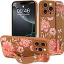 MOWIME for iPhone 16 Pro Max Case with Wrist Strap, Cute Flower Rose Butterfly Design for Women Girls Soft TPU Slim Protective Case Anti-Scratch Shockproof Cover with Adjustable Holder - Brown