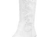 Vepose 9803 Cowboy Boots Women, Cowgirl Embroided Western Pull on Pointed Toe Mid-Calf Chunky Heel Boots with Inside Zipper White-western-9803, 8