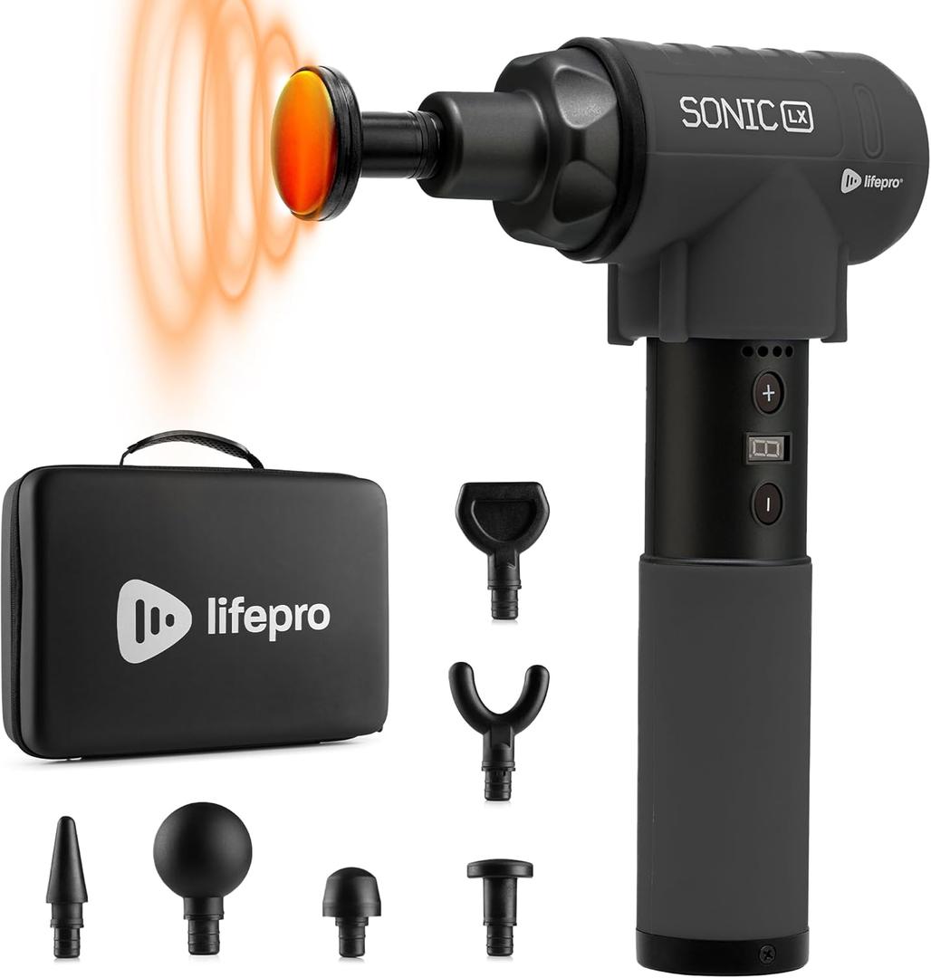 LifePro Sonic LX Professional Massage Gun - Percussion Massager with Heat, 9 Speeds and 10 Attachments for Neck, Back, and Deep Tissue Muscle Massage for Athletes (Black)