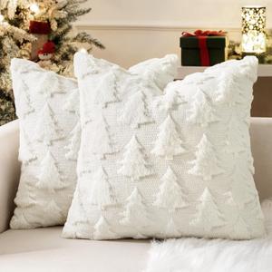 Woaboy Christmas Tree Decorative Pillow Covers Faux Wool Soft Plush Throw Pillow Covers 18x18 Inch Set of 2 Pillowcases Winter Xmas Holiday Home Decor for Couch Sofa Livingroom Bedroom,Cream White