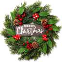 22" Winter Wreath with Merry Christmas Sign, Mushroom, Magnolia Leaves, Indoor/Outdoor Christmas Decoration, Wooden Sign