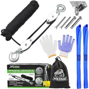 XSTRAP STANDARD Rope Hoist Pulley System, 1000LB Capacity Block and Tackle, 5:1 Lifting Power 50ft Heavy Duty Pulley Block for Hunting Lifting Objects with Work Gloves, 2pcs Soft Loops, 1 Swing Hanger