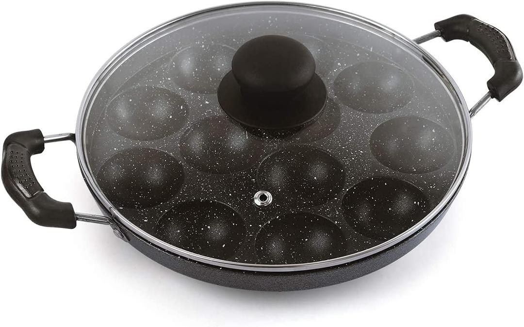 Sahishnu Online & Marketing Appam Patra, Appam Maker, Appam Pan, 12 Pits Appam Maker with Glass Lid