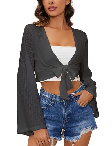 YYA Women's Lightweight Ribbed Cardigan Tie-Front Beach Cover Up with Long Sleeves for Summer Outfits Black XXL