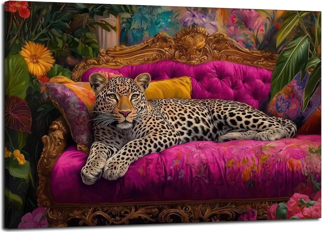 Cheetah Lying On Pink Sofa Canvas Wall Art Eclectic Leopard Wall Decor Pictures Maximalist Animal Portrait Poster Prints for Living Room Home Bedroom Home Decoration 24x36in Ready to Hang