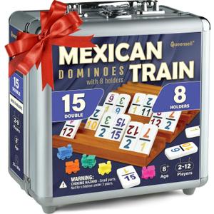 Queensell Mexican Train Dominoes Set Double 15 with Numbers - Dominoes Set for Adults and Family 136 Tiles, 9 Trains, Wooden Hub, 8 Tile Holders, Aluminum Case (D15 Numbers + 8 Holders)