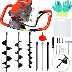 62CC Auger Post Hole Digger with 3 Auger Drill Bits(3" & 5 & 8") + 3 Extension Rods(24" & 24" & 24"), Gas Powered 2-Stroke Earth Digger for Orchard Farm Garden Plant