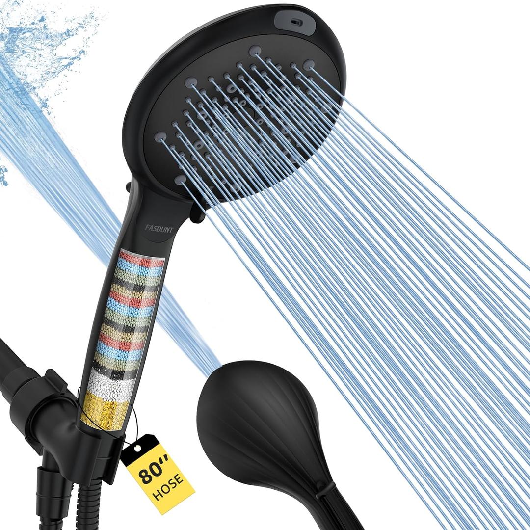 FASDUNT Filtered Shower Head with Handheld, High Pressure 8-Mode Handheld Showerhead with Filters for Hard Water -Remove Chlorine, Built-in Power Wash, 80" Long Hose & Adjustable Bracket, Black