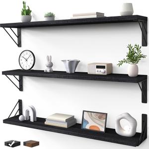 BAYKA Wall Mounted Floating Shelves, Wood Floating Wall Shelf for Books & Decor, Small Space-Saving Display & OrganizerBlack36inSet of 3