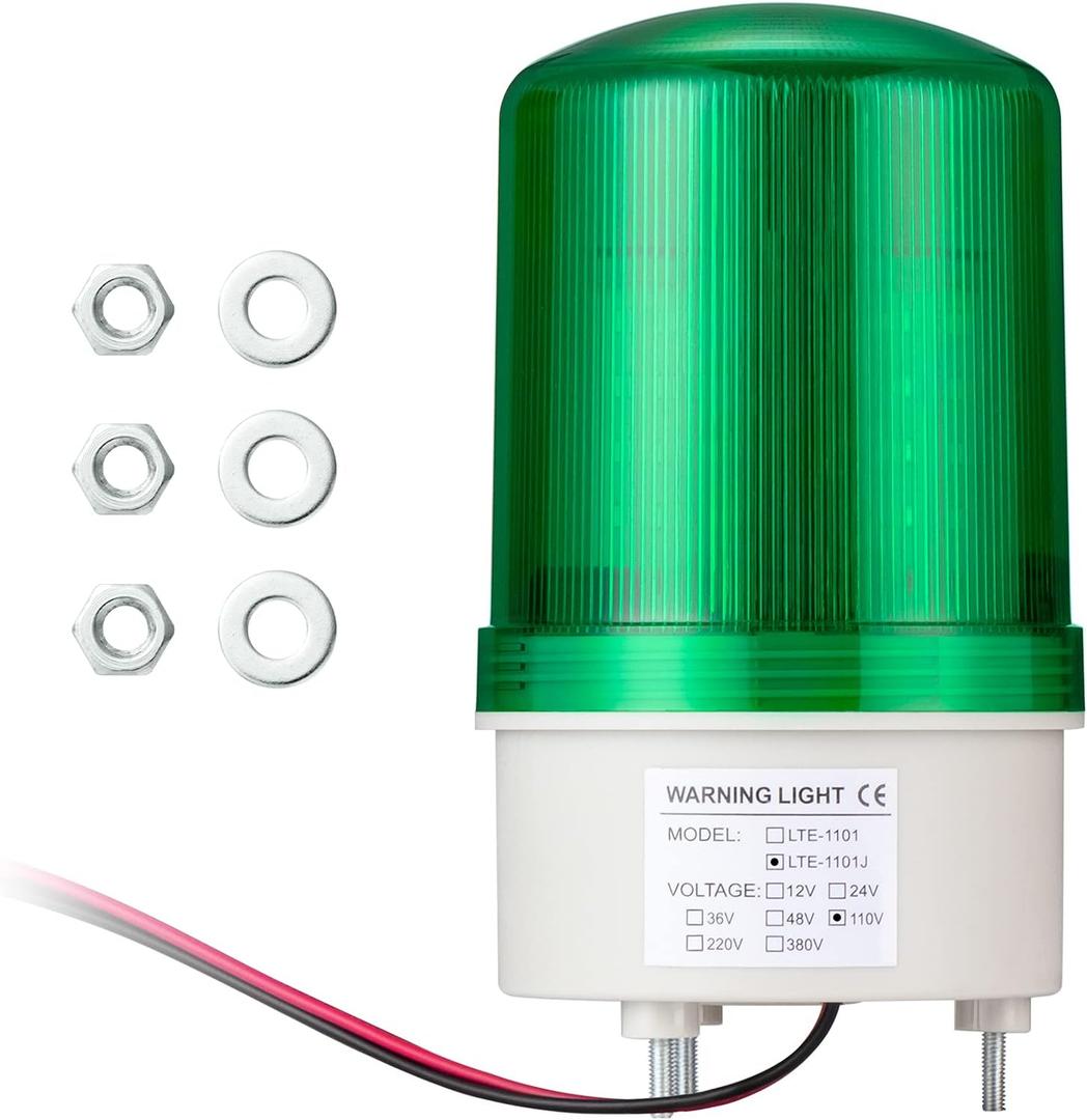 GKEEMARS Industrial Signal Alarm Tower Lamp LTE-1101J AC 110V, LED Rotating Strobe Warning Light with Buzzer for Emergency (Green)