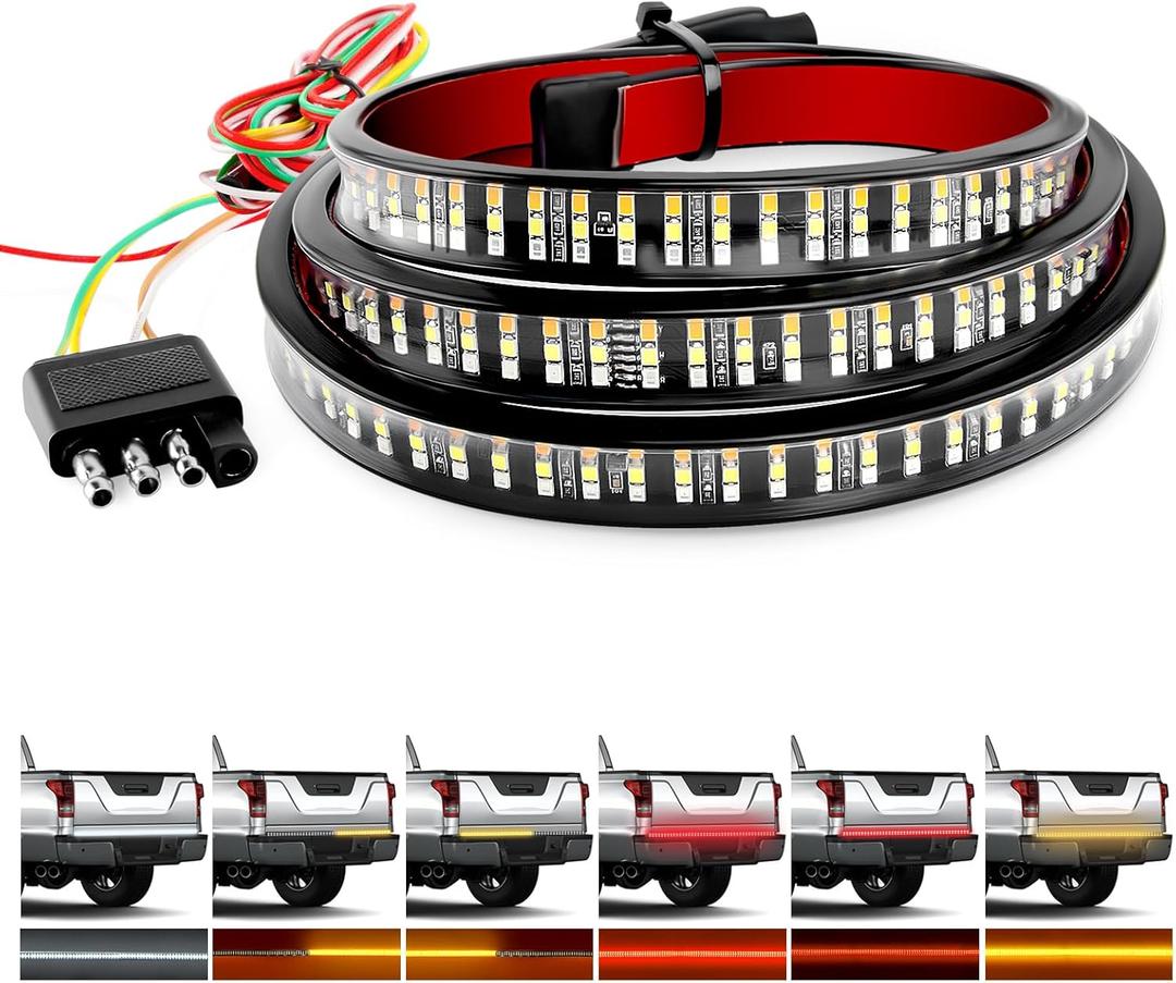 GOOACC Truck Tailgate Light Bar 60" Triple Row 504 LED Strip 6 Function with Red Running Brake Amber Turning Signals Strobe White Reverse Lighting