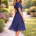 Summer Dresses for Women 2026 Floral Chiffon Dress Casual Short Sleeve Empire Waist Midi Dress Beach Vacation Outfits (Blue, XL)