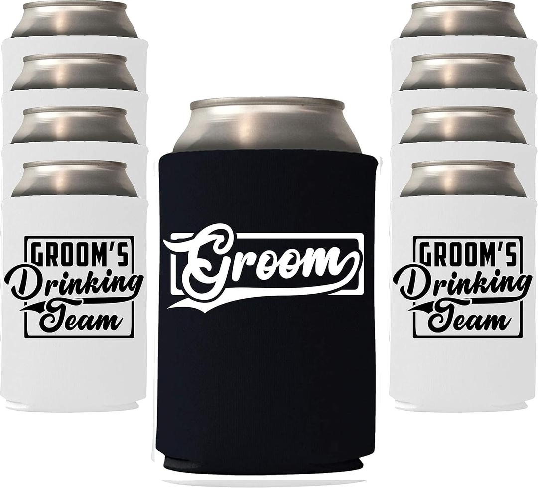 Veracco Groom and Groom's Drinking Team Can Coolie Holder Bachelor Party Wedding Favors Gift For Groom Groomsmans Proposal (6, Blk Groom, Wht DT)