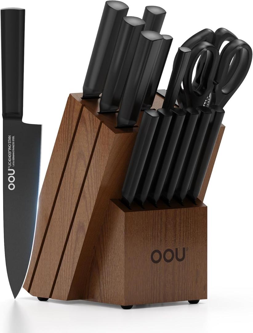 OOU Kitchen Knife Block Set - 15 Pieces High Carbon Stainless Steel Chef Knife Sets, Anti-Rust Black Knives Set with Built-in Sharpener Block, Walnut (Brown)