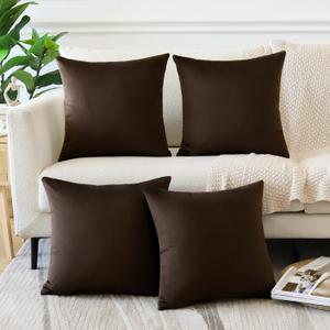 OTOSTAR Set of 4 Decorative Throw Pillow Covers Soft Velvet Solid Square Pillow Cases Luxury Cushion Covers Case for Sofa Car Patio Bedroom Living Room 18x18 Inch, Chocolate Brown