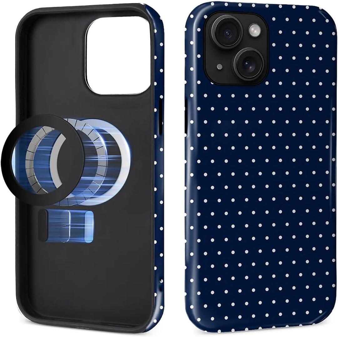 Magnetic Case for iPhone 15 Design,Compatible with MagSafe,Slim Protective Soft TPU Bumper Phone Cover Women Girls Case for iPhone 15-Polka Dot Aesthetics Navy Blue