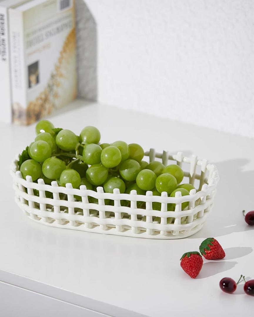 UPWOIGH Large Beige Oval Glazed Ceramic Fruit Basket Bowl, 12.59x6.53x3.54in Big Modern Table Decor Handmade Premium Personalized Ceramic Decorative Storage Organizer for kitchen, Breads,Vegetables