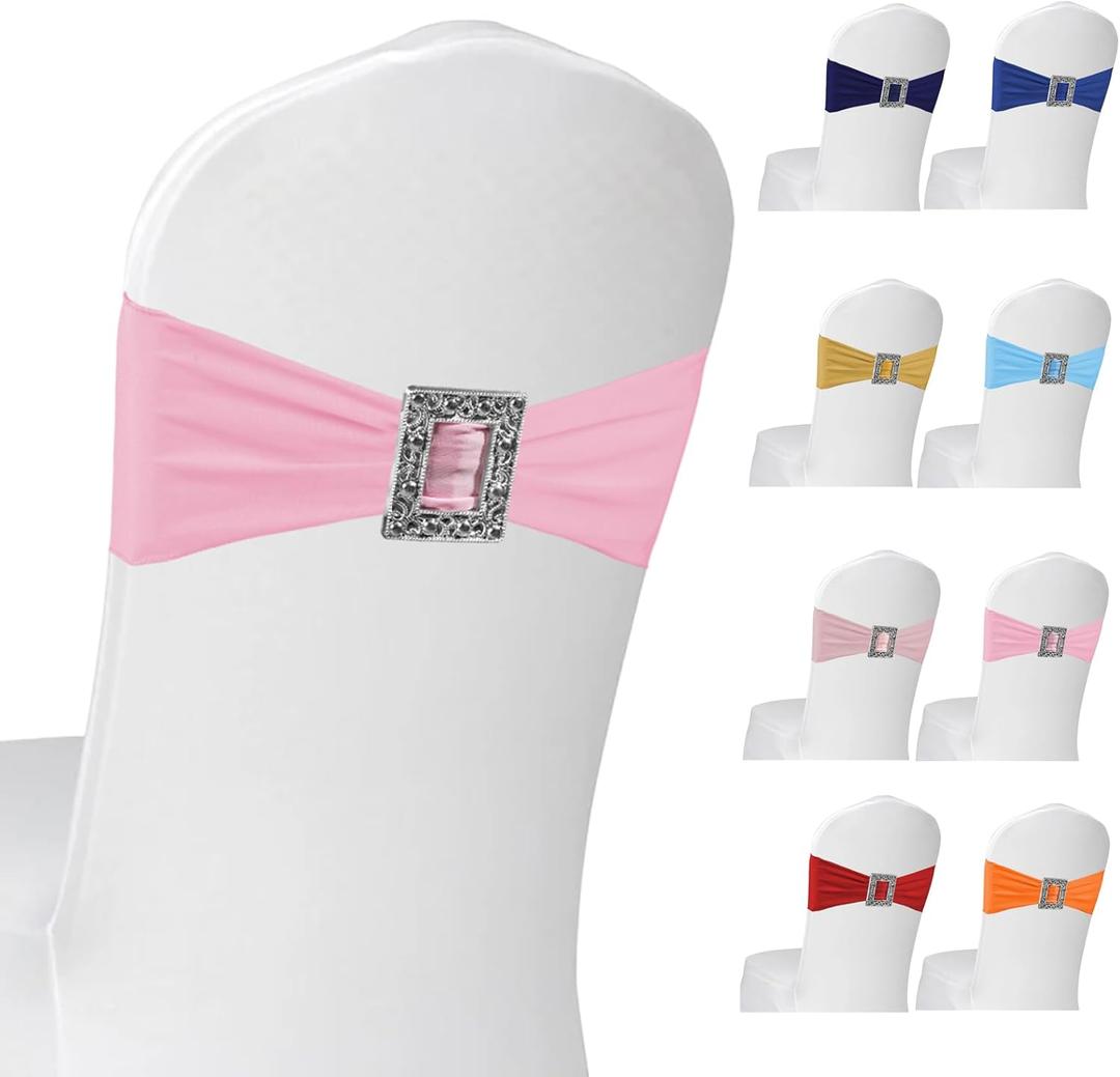 100 Pack Spandex Stretch Chair Sashes Bows Elastic Chair Cover Bands Ties with Buckle Slider for Wedding Party Banquet Birthday Restaurant Chairs Decorations (Pink)