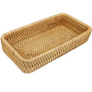 Restokki Rattan Serving Tray, Basket Organizer Tray, Rectangle Tabletop Breakfast Drinks Snack Fruit Storage Platter Handwoven Wicker Tray for Table, Coffee, Home Decor (Small) (7.9" x 4.3" x 1.6")