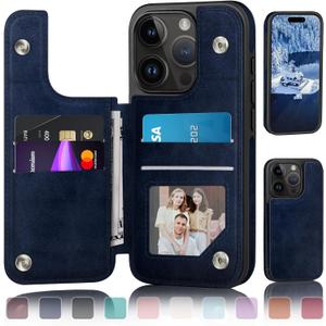 DJDUCK Designed for iPhone 15 Pro Case Wallet with Card Holder, [RFID Blocking Leather Protection] [Magnetic Clasp Cover] Shockproof Men Women Cases 6.1 Inch for Apple 15 Pro Dark Blue