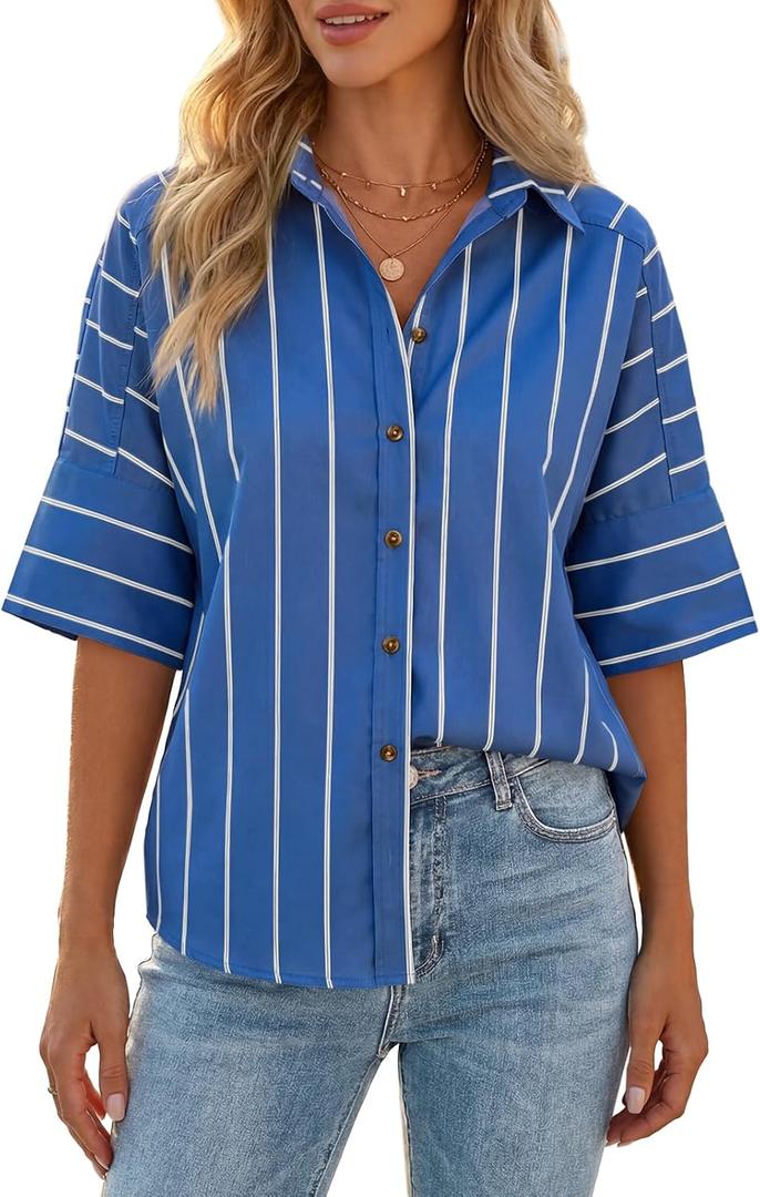 Cicy Bell Women Striped Button Down Shirt Short Sleeve Collared Blouse Tops (M)