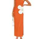 ZESICA Women's Summer Strapless Bodycon Maxi Dress 2026 Ribbed Knit Backless Floral Tube Cocktail Party Long Dresses,Orange,X-Large