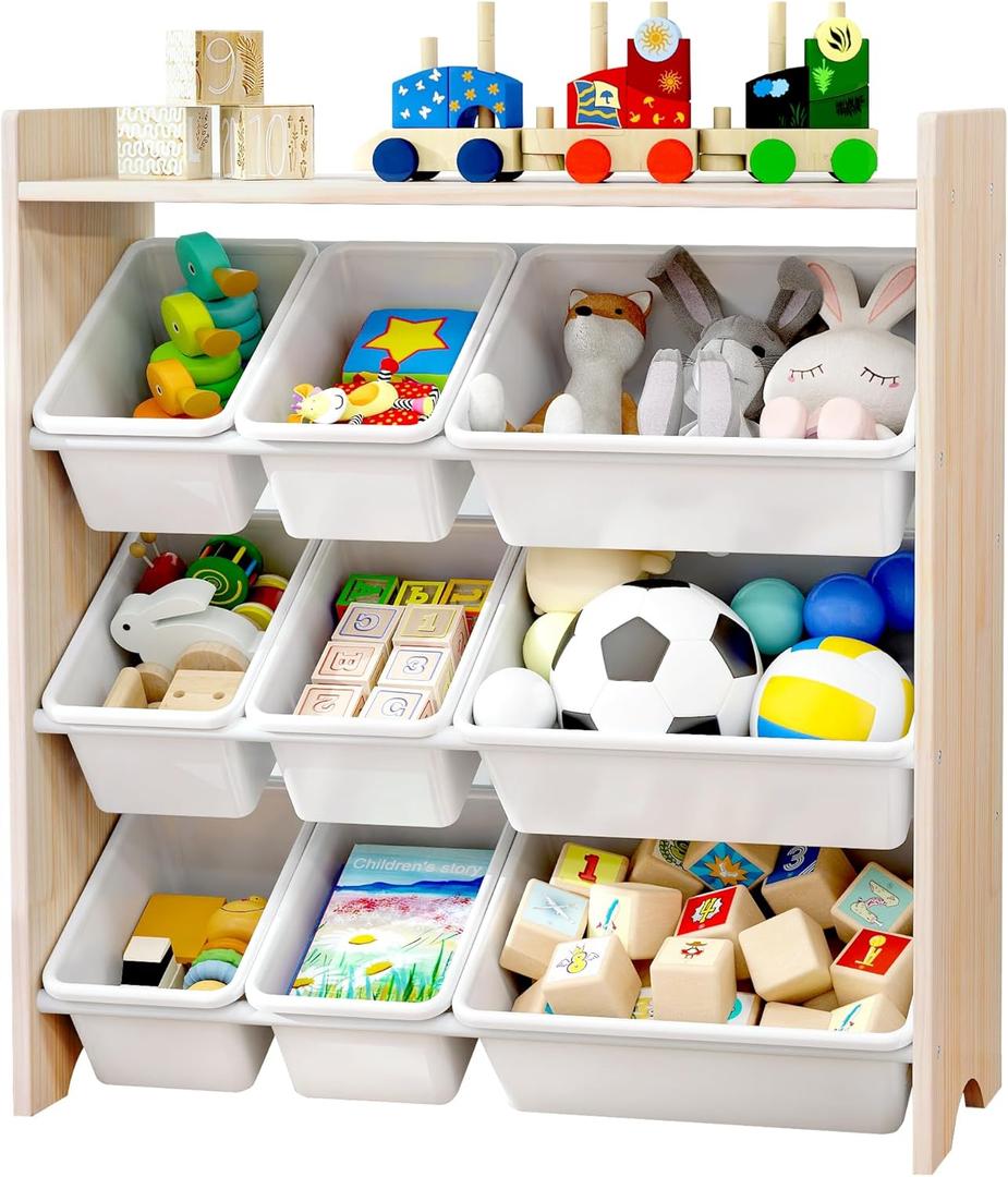 MallBest Kids Toy Organizer with 9 Bins  4-Tier 100% Solid Wood Storage Shelf for Playroom or Nursery, Natural Wood Kids Storage Cabinet (Regular)