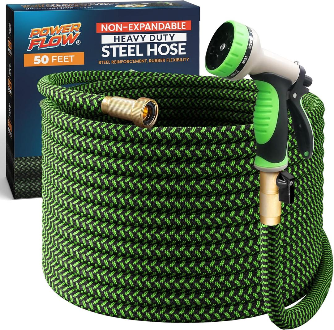 PowerFlow Garden Hose, NON-EXPANDABLE 50 Feet Premium Quality Stainless Steel Metal Water Hose with Durable Fabric Skin, Hose For Commercial, Residential Use, Bonus 10-way Spray Nozzle (50 Ft, Green)